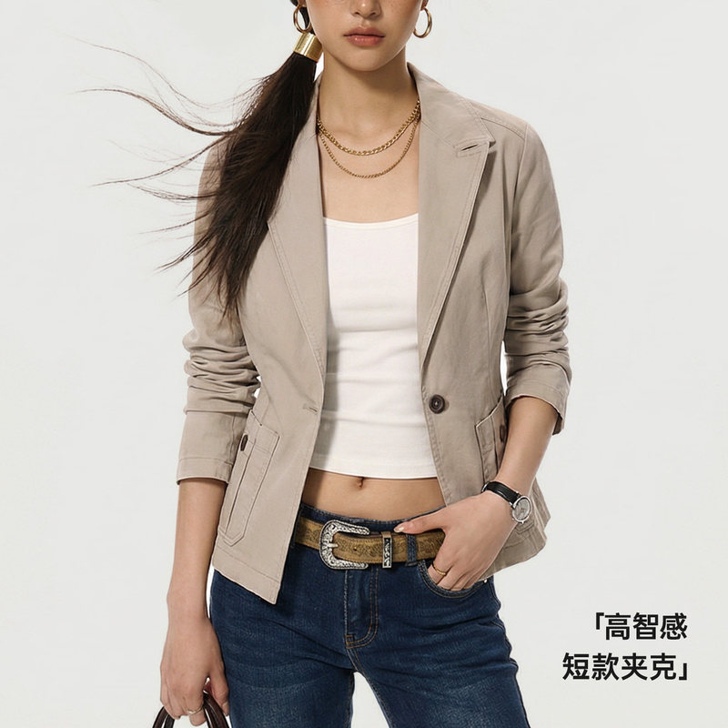Madden Khaki Notch Lapel Single-Breasted Casual Slim-Fit Blazer Short Jacket for Women Spring