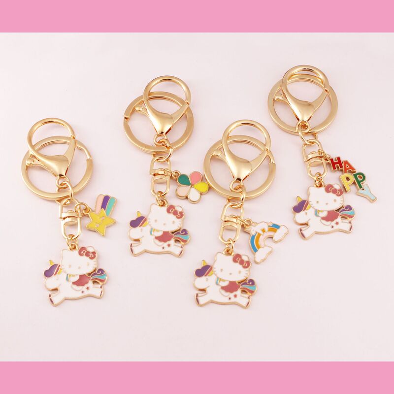 Cartoon Cute Colorful Keychain Hello Kitty Unicorn Rainbow Dripping Oil Metal Buckle Ornament Exquisite Niche