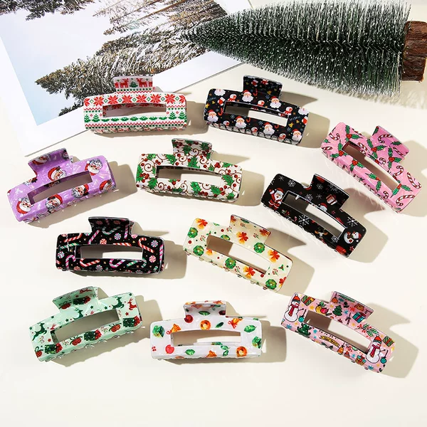 Sparkling Girl Cross-Border Christmas Elements Floral Rectangular Clip Christmas Elements Printed High-End Hair Clip