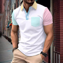 欧美 ins跨境速卖通2024夏新款男士短袖POLO衫时尚撞色口袋马球衫