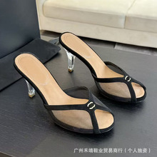 2024春夏新款小羊皮网透视网纱圆头性感露趾细跟透明水晶跟拖鞋女