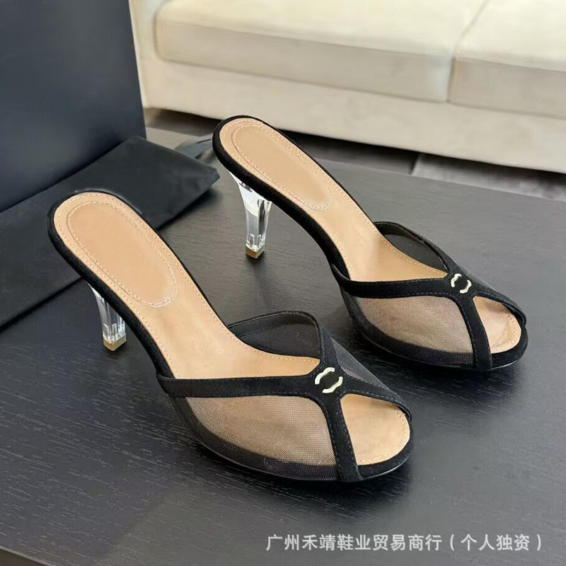 2024春夏新款小羊皮网透视网纱圆头性感露趾细跟透明水晶跟拖鞋女