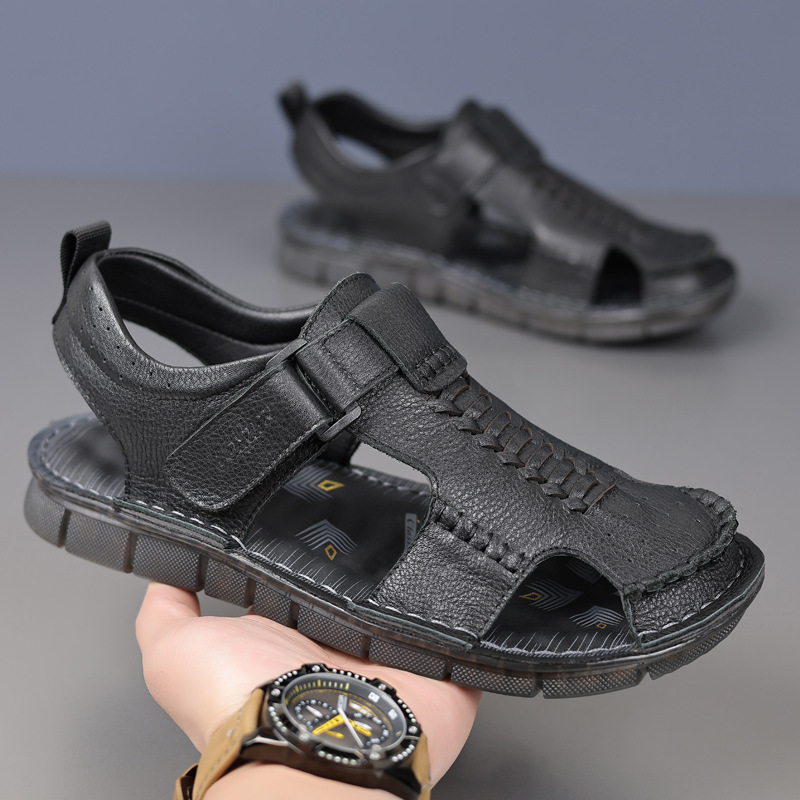 Verano cabeza de cuero de vaca para hombres sandalias de cuero exterior zapatos de playa de hombre transpirables de mediana edad zapatos de hombre suaves