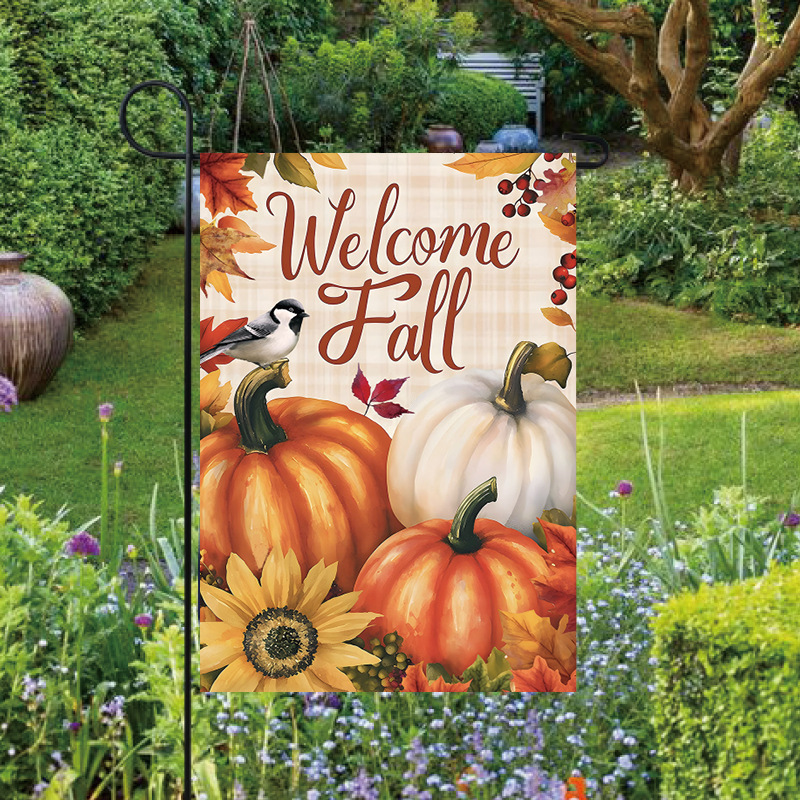 跨境新款感恩节花园旗节日派对欢迎秋天丰收装饰庭院双面挂旗定制