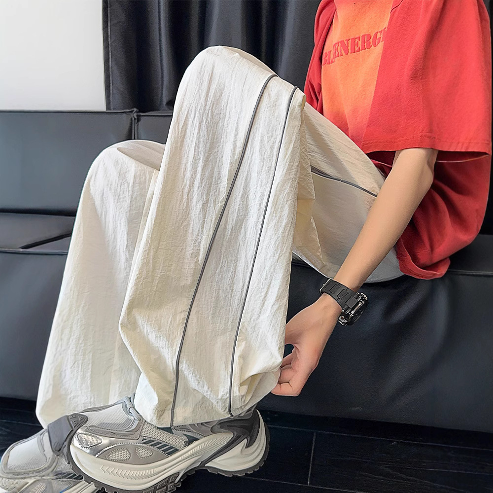 Summer Thin Trendy White Topstitch Quick-Dry Pants Men's Sports Wide-Leg Pants American Straight Loose Casual Pants