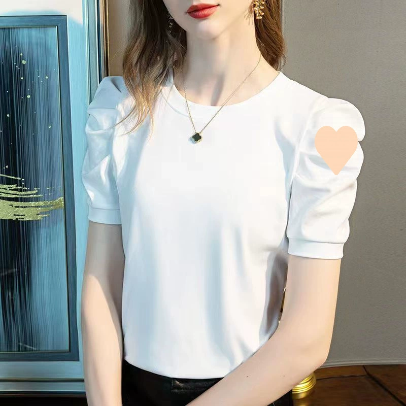 Cotton summer 2025 new short-sleeved shirt for women round neck T-shirt French puff sleeves fashionable top for women