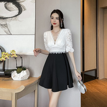 性感低胸黑白拼色A字遮肚连衣裙时尚气质蕾丝短裙夜场技师工作服