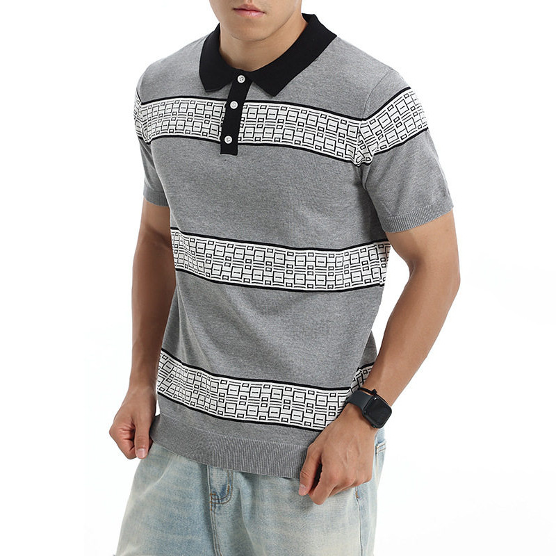 Polo camiseta de punto camiseta de manga corta hombre solapa rayas retro camiseta de seda de hielo de verano fábrica al por mayor