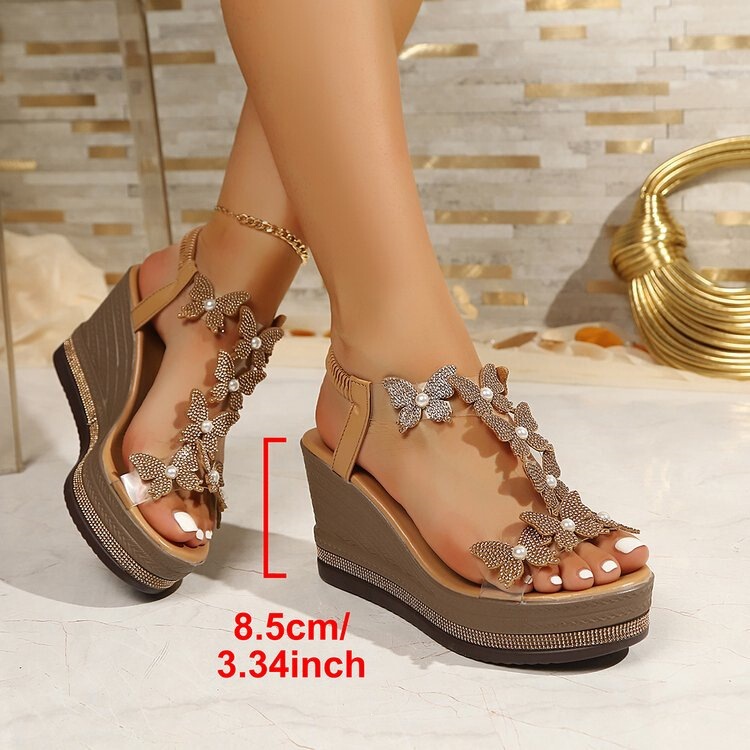 Exclusive cross-border supply of rose gold rhinestone wedge sandals for women, Roman shoes, plus-size vacation beach height-increasing shoes