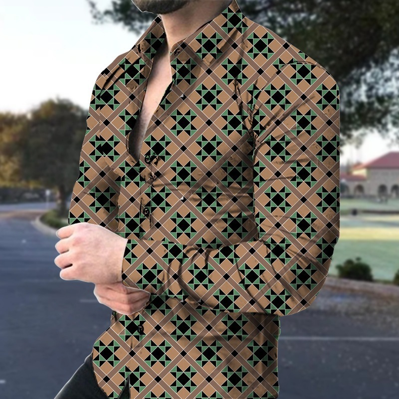 2025欧美男装衬衫秋季长袖翻领衬衫3d印花休闲衬衫男宽松男式衬衣|undefined