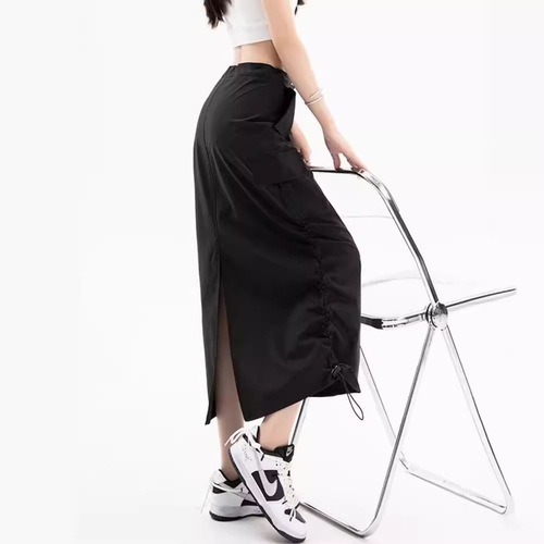 American-style cool and trendy girl's quick-drying, wrinkle-resistant drawstring work skirt—summer vintage loose-fitting casual straight-leg skirt with a back slit.