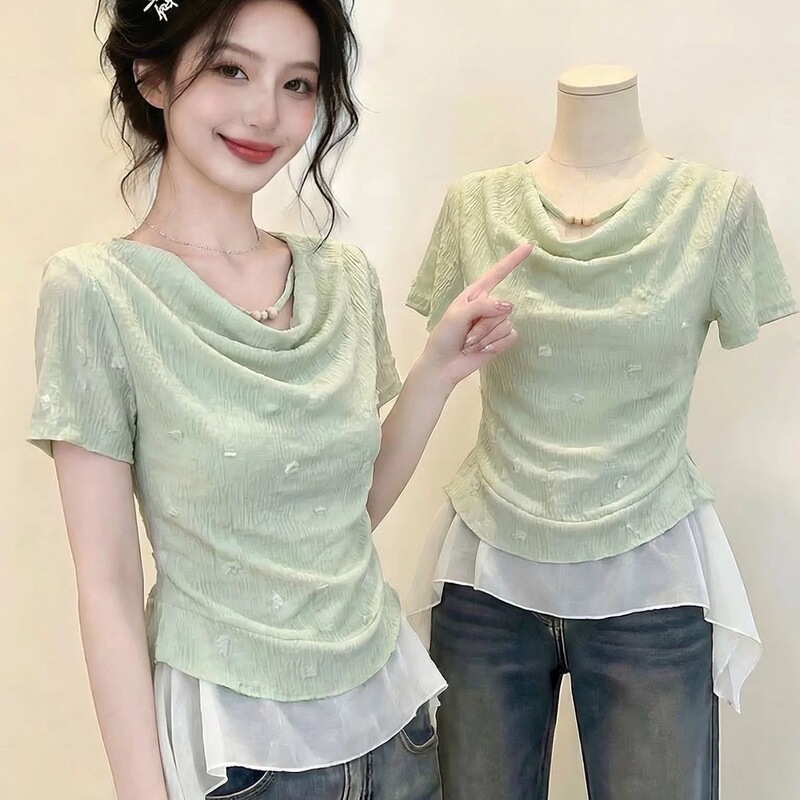 Light Green Mock Neck Short-Sleeve T-Shirt for Women, 2026 Summer New Style, Plus Size, Beautiful Blouse with Faux Two-Piece Design Light Green Mock Neck Short-Sleeve T-Shirt for Women, 2026 Summer New Style, Plus Size, Beautiful Blouse with Faux Two-Piece Design