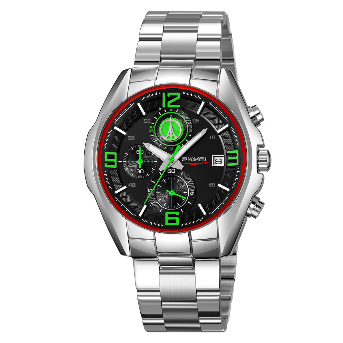 Momentos de relojes de hombre transfronterizos de acero correa de tres ojos seis agujas multifuncional relojes de cuarzo calendario de relojes de pulsera al por mayor