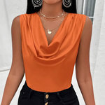 跨境欧美女装2024新款性感抛领背心缎面上衣女修身无袖t恤女春夏