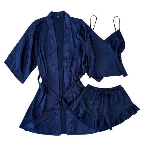 Mid-East robe tie belt kimono-style loose casual bath robe spring and autumn season ice silk thin version sexy nightgown pajama set