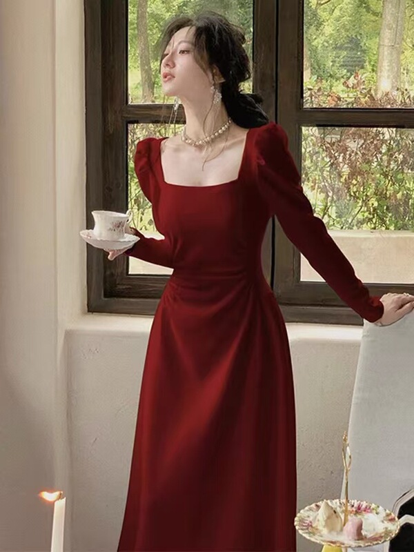 Red Long-Sleeved Dress for Women, Spring & Fall French Engagement Dress, Bride's Toast Dress, Red Dress, Long Dress That Can Be Worn at Ordinary Times