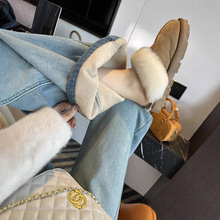 水洗色chao爱！宽松加厚绒高腰直筒裤子做旧大阔腿牛仔裤女冬新款