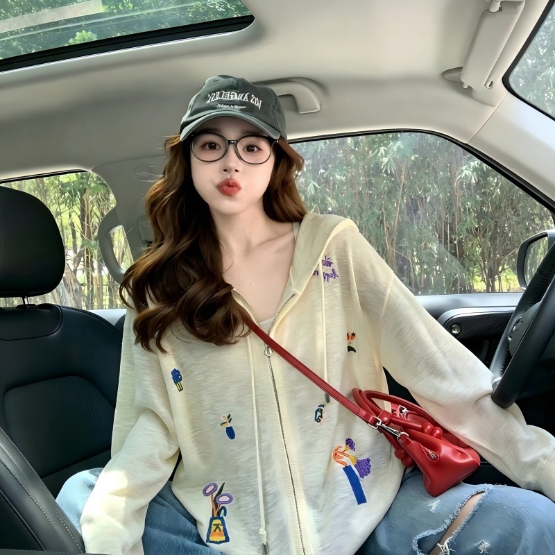 Summer Sun-Protective Thin Embroidered Hooded Jacket, Lazy Korean Style Trendy Versatile Loose-Fitting Age-Reducing Zip-Up Cardigan Top