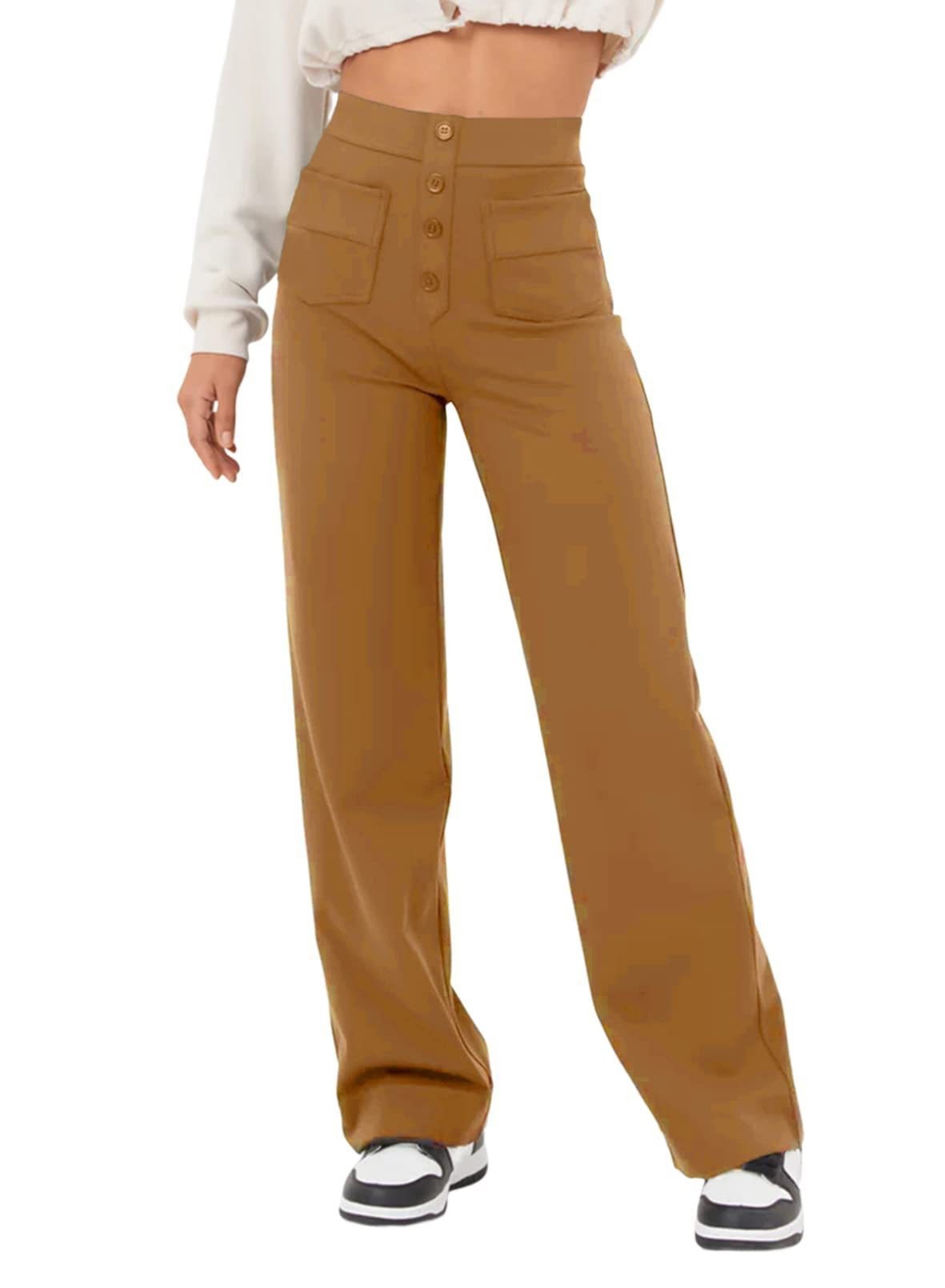 Women's High-Waisted Straight Leg Pants With Multiple Pockets - Stretch Comfort Casual Trousers For Everyday Wear_ecoleips.com