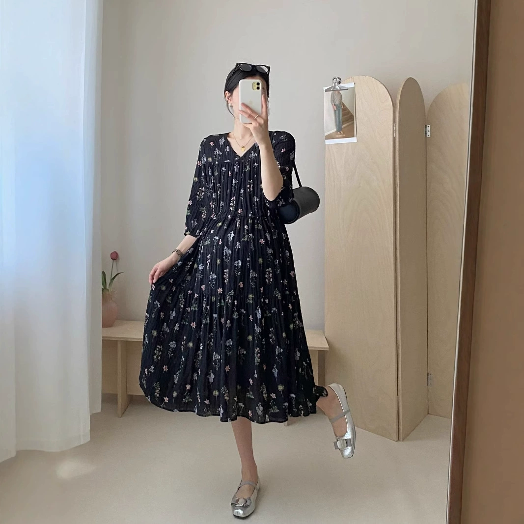 Ретро французская цветочная юбка для беременных летом новый корейский шифон с V-образным вырезом для худых беременных темпераментное платье с короткими рукавами
