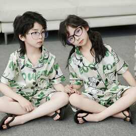 冰丝睡衣套装儿童夏季短袖短裤亲子薄款中大童家居服夏天睡衣童装
