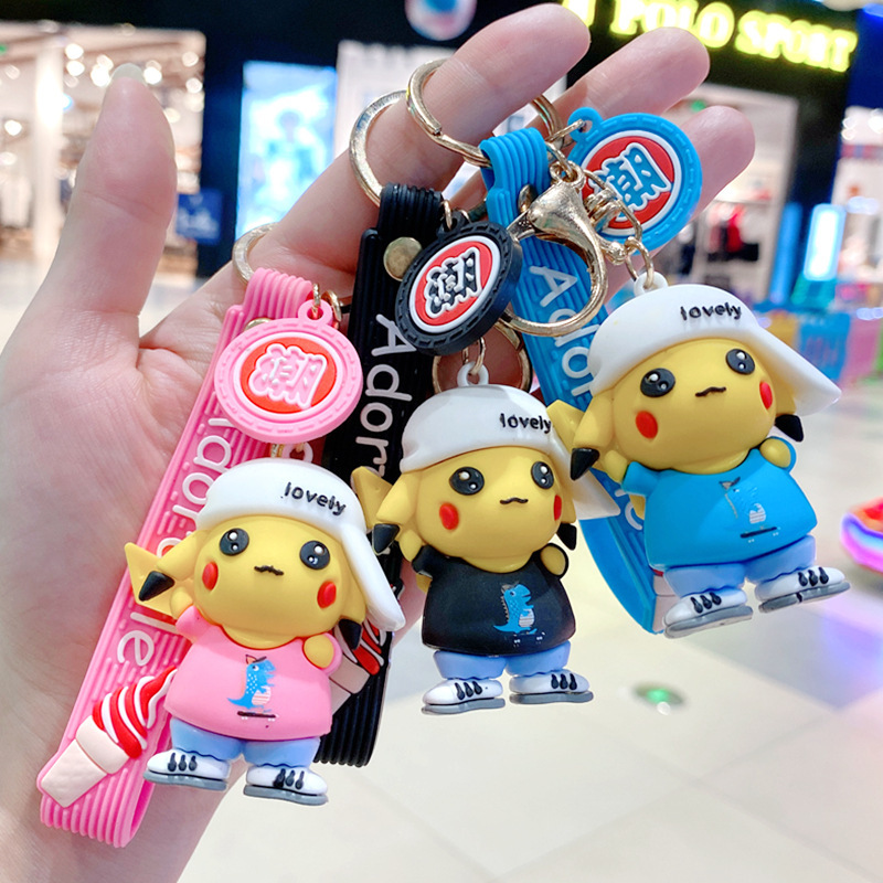 Baseball Cap Pikachu Keychain Pendant Creative Pocket Monster Gift Couple Keychain School Bag Hanging Ornaments Wholesale