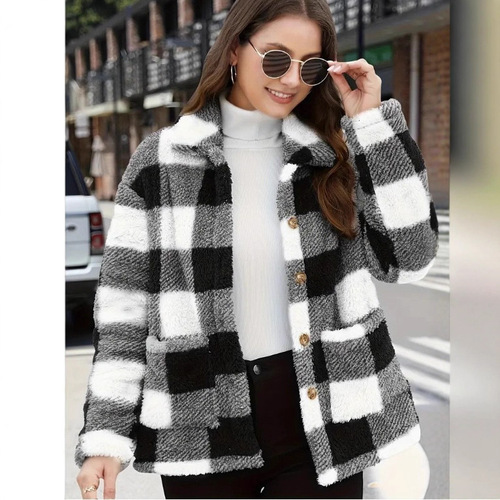 European and American Style Plaid Fleece Jacket with Pockets, Versatile Long-Sleeve Winter Fashion Casual Jacket