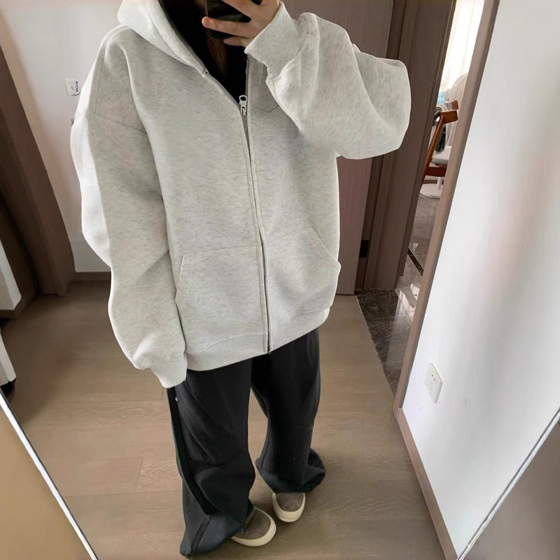 Gorgeous Gray-White Cardigan Sweatshirt for Women, Made of Cotton, Loose Fit, Hooded Jacket for Autumn and Winter, Versatile Casual Top
