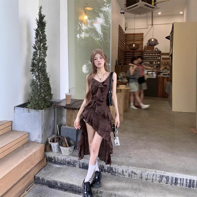 French Style Beautiful Ruffle Sling dress Women's Summer Elegant Irregular Seaside Vacation Waist A- line Skirt French Style Beautiful Ruffle Sling dress Women's Summer Elegant Irregular Seaside Vacation Waist A- line Skirt