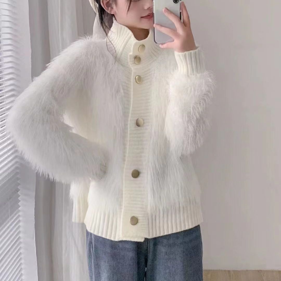 El otoño y el invierno nuevo estilo de imitación de visón de terciopelo collar de pie cardigan exterior de las mujeres de alto grado de temperamento flojo todo fósforo de punto abrigo de moda