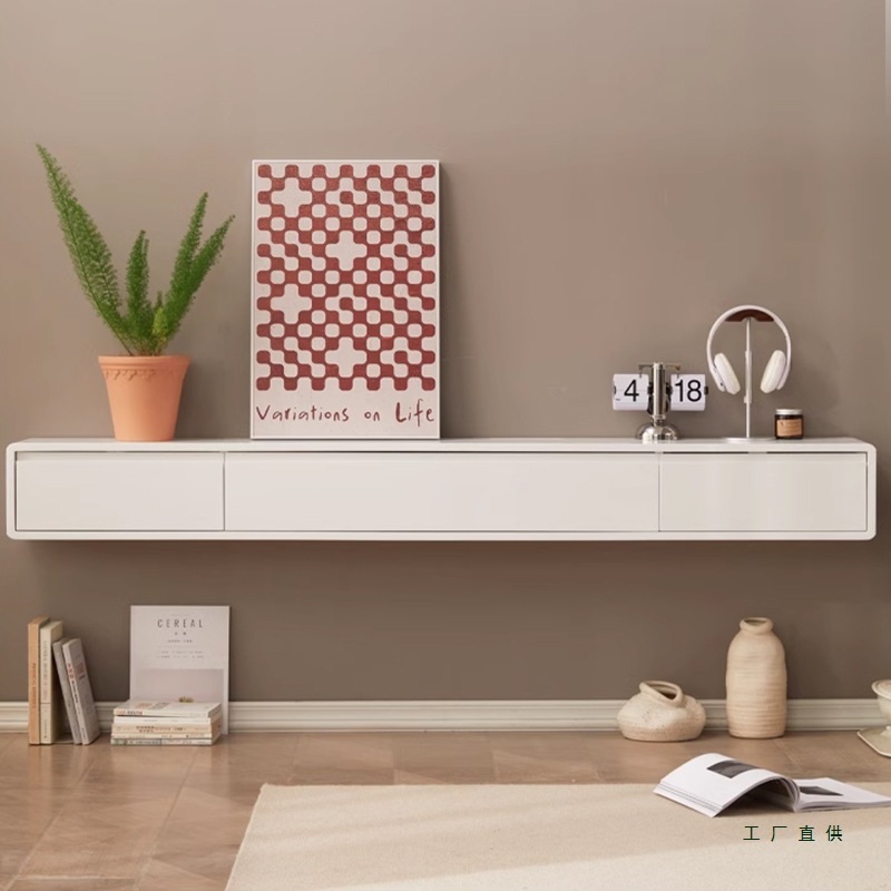 Suspended Tv Cabinet Cream Style Suspended Tv Cabinet Wall-Mounted Bedroom Living Room Solid Wood Small Apartment White Wall Cabinet