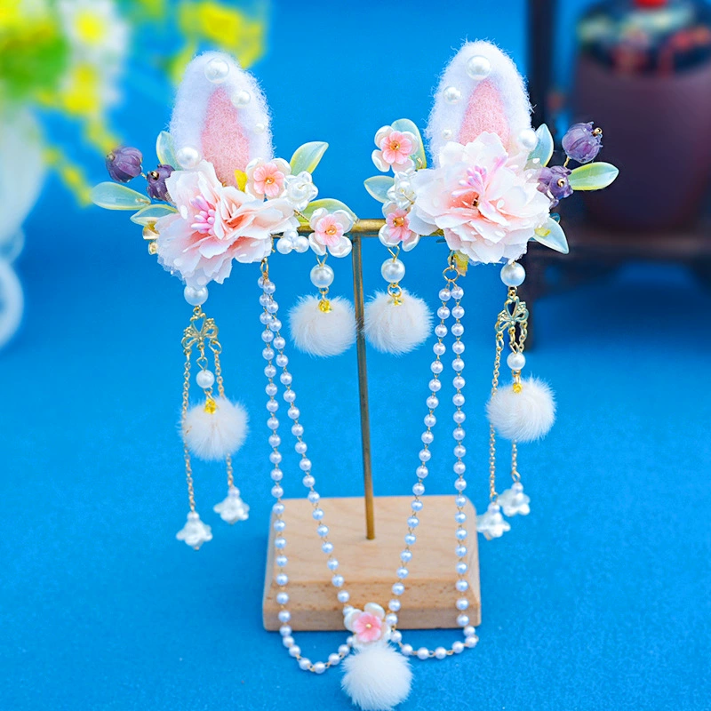 Этнический стиль ручной работы оригинальный ханьфу плюшевый головной убор зимний антикварный милый сказочный кролик зажим для ушей боковой зажим шпилька