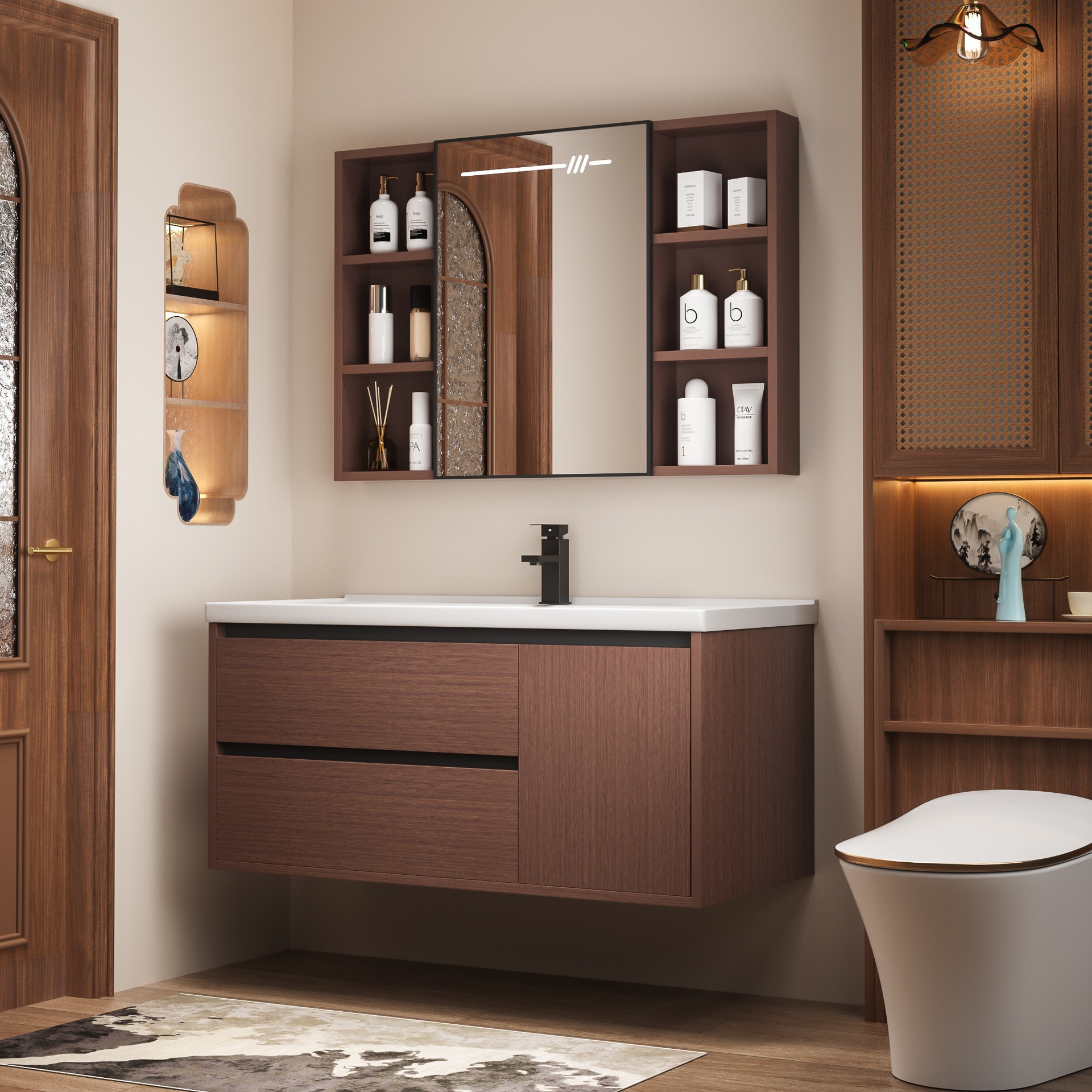 Medieval Style Honeycomb Aluminum Bathroom Cabinet Combination Ceramic Integrated Basin Walnut Color Washstand Bathroom Washbasin Cabinet