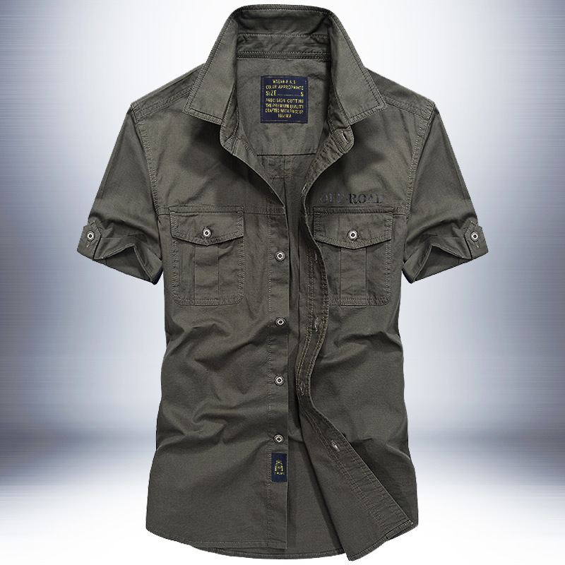 2024 Summer Men's Short-sleeved Shirt Washed Cotton Military Loose plus size Outdoor Tooling Shirt Trendy