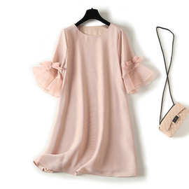 胖妹穿显瘦裙 站网布拼欧根纱粉色短款小个子欧洲法式名媛连衣裙