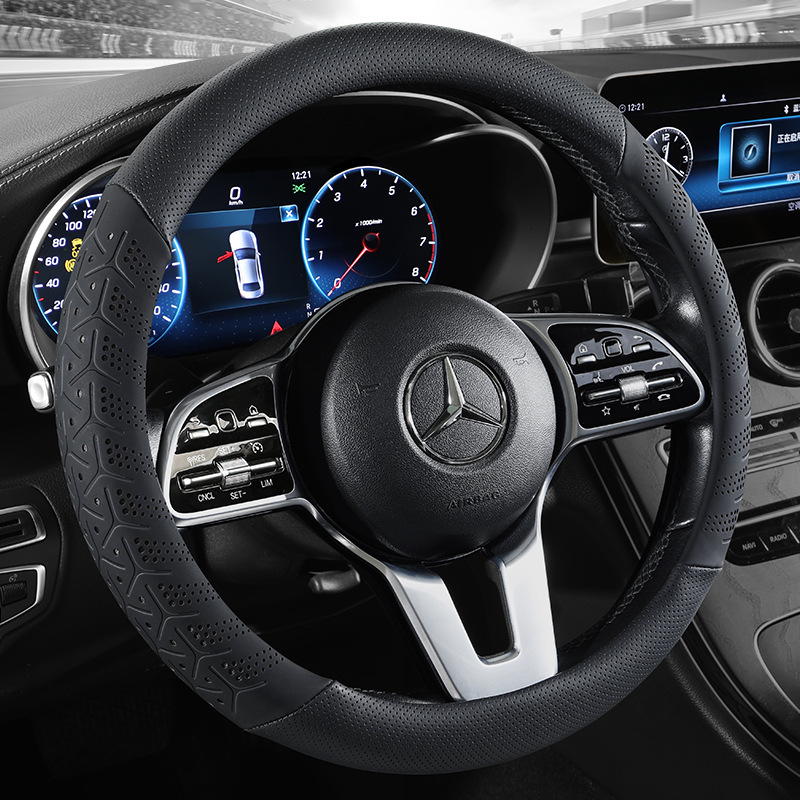 New sports car steering wheel cover contrast color stitching perforated breathable leather handle cover four seasons universal cross-border