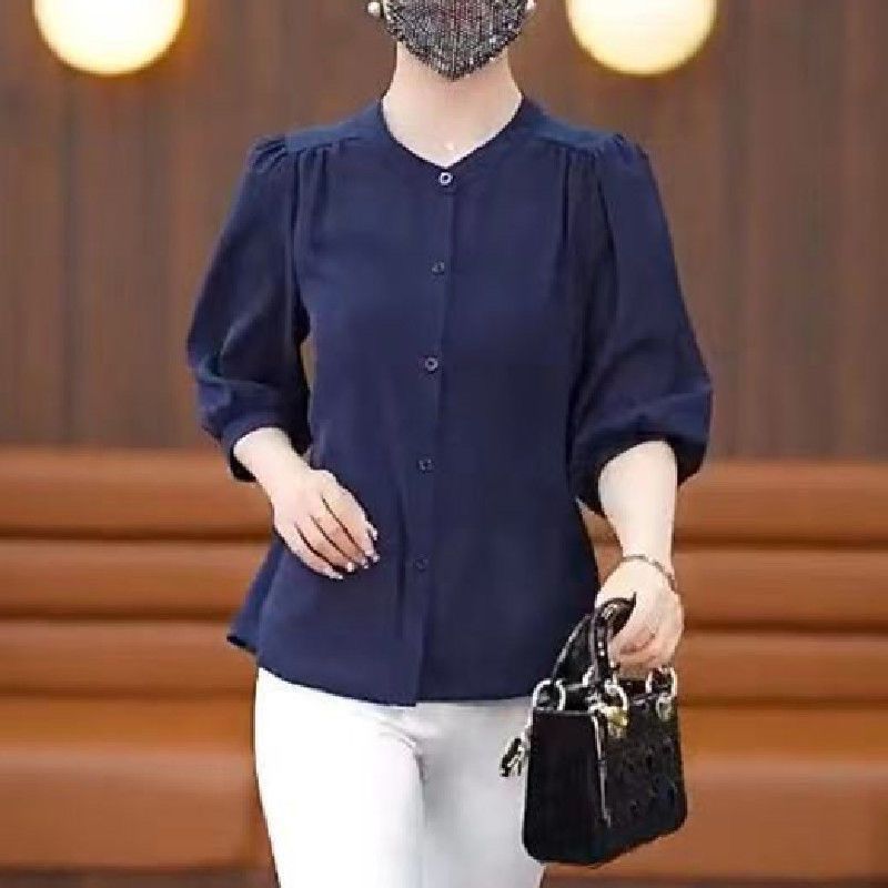 夏季新款妈妈装轻风纱衬衫女士显瘦减龄中袖上衣开衫时尚休闲衬衣|undefined
