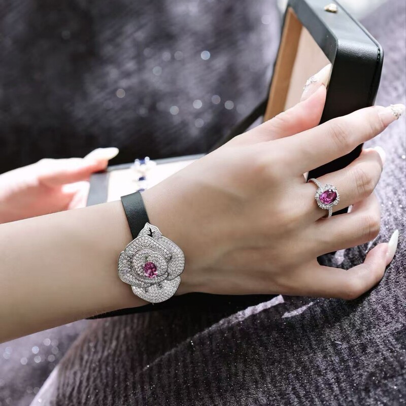 1.5Ct Pink Sapphire Earl Flower Full Diamond Lambskin Wristband Versatile Camellia Bracelet Brooch Dual-Use