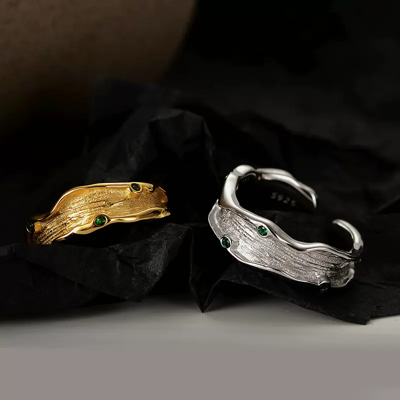 J1195 韩版简约小众S925纯银镶钻纹理戒指女ins冷淡风开口食指戒