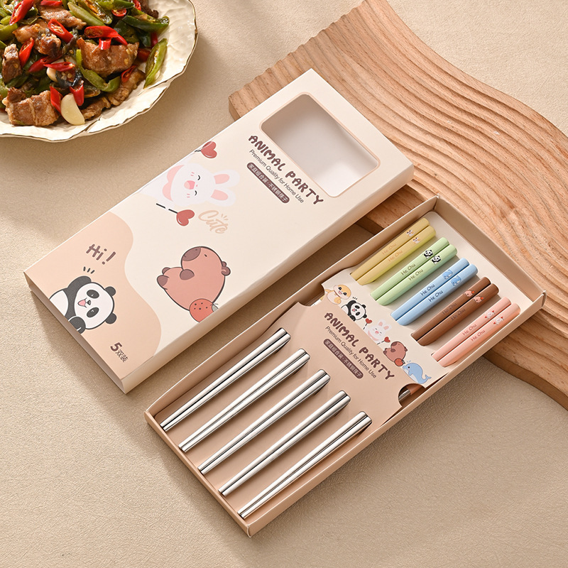 316 식품 등급 스테인리스 식기류 젓가락, 컬러풀한 만화 로고, 가정용 고급 젓가락 세트, 미끄럼 방지 및 화상 방지