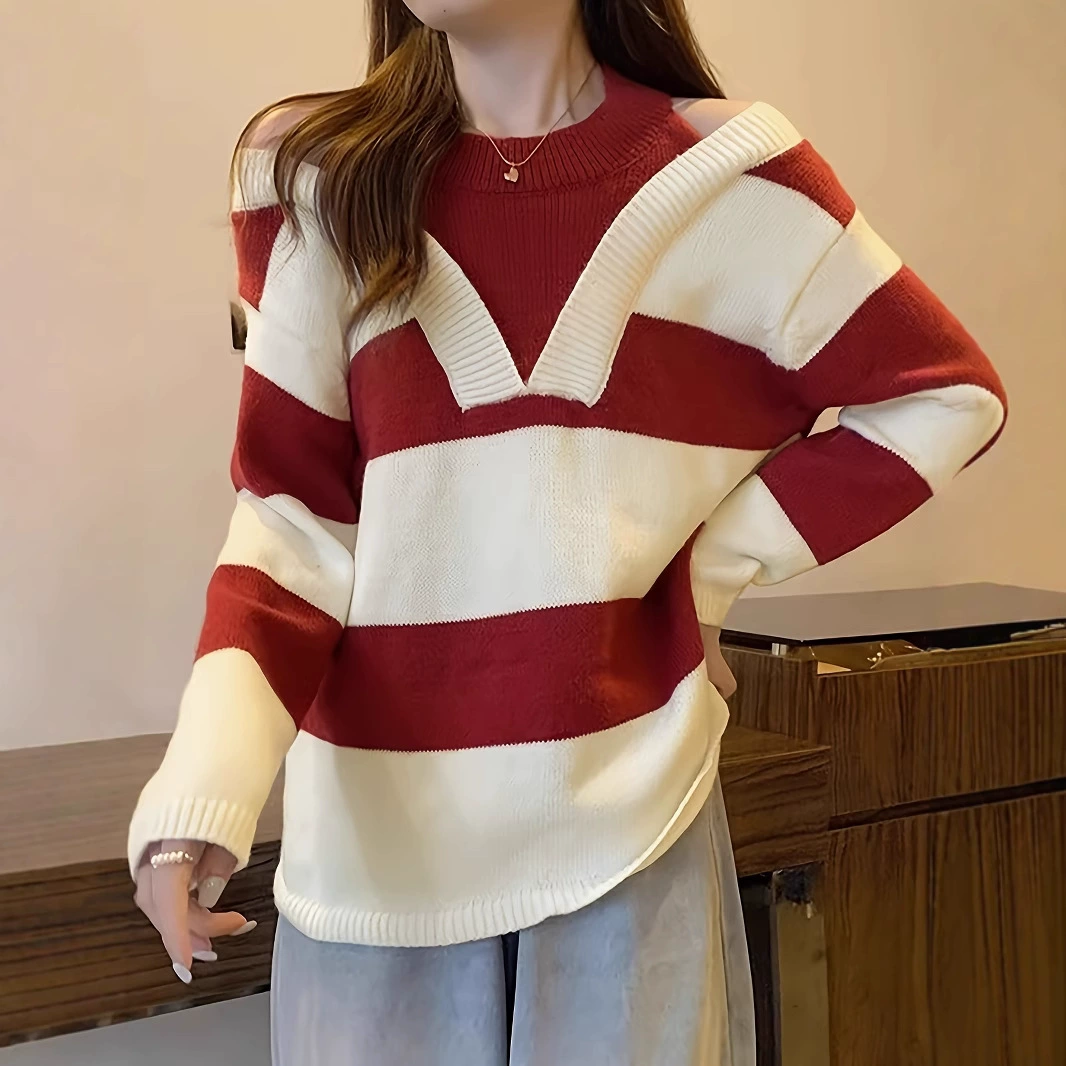 Хит продаж Amazon: женский свитер с открытыми плечами и полосками, стильный и омолаживающий трикотажный пуловер для весны и осени.