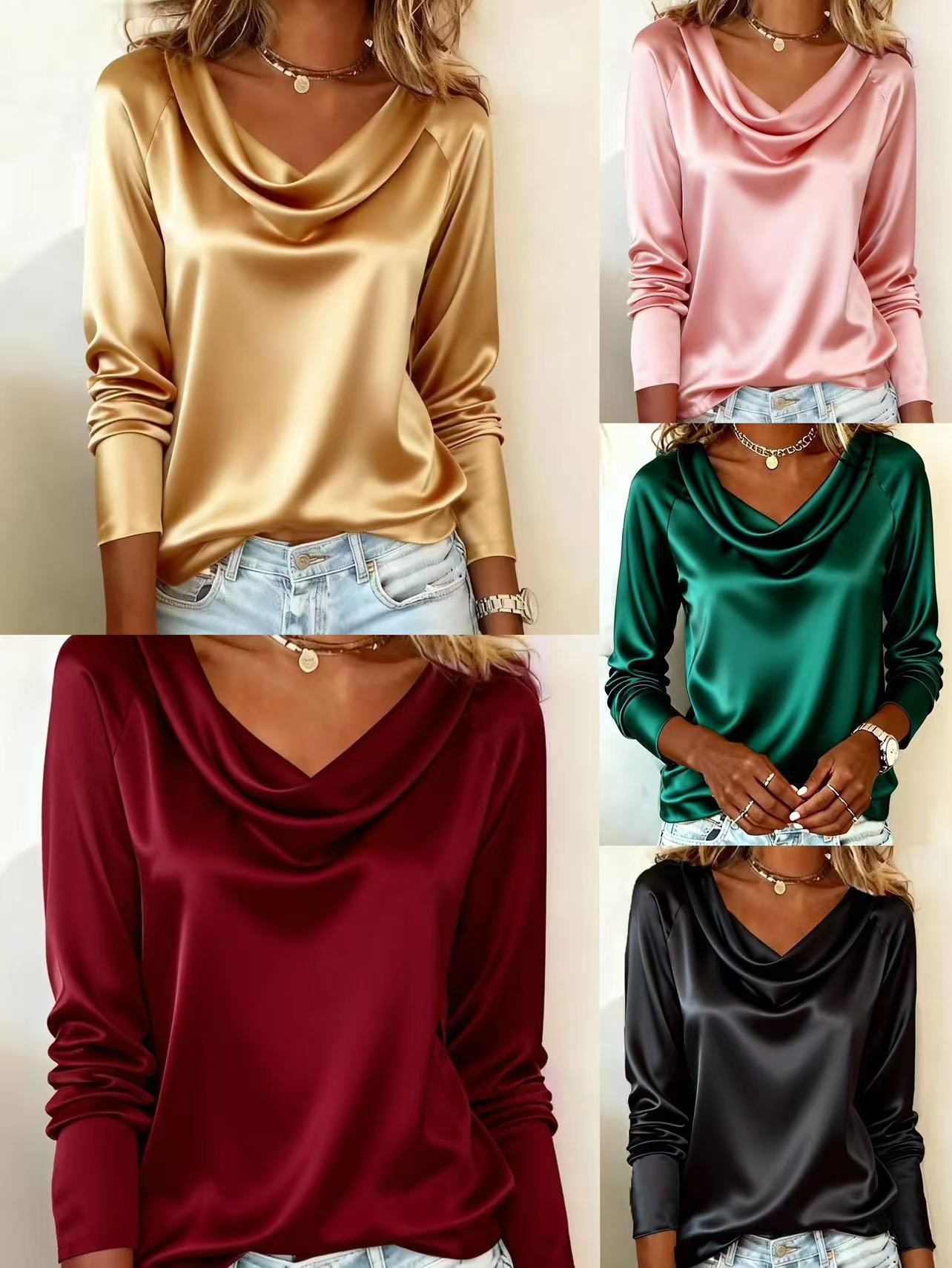 Women's Draped Neck Blouse - Oversized Long Sleeve Shirt For Work & Casual (S-XXL, 5 Colors)_voghion.com