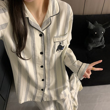 条纹黑猫2025年新款春秋高级感长袖情侣睡衣男女款纯棉套装家居服