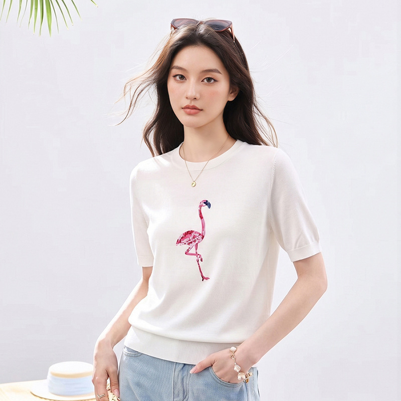 Shenzhen Nanyou High-End Women's New Flamingo Sequin Embroidered Tencel Wool Versatile Knit Short-Sleeve Top Shenzhen Nanyou High-End Women's New Flamingo Sequin Embroidered Tencel Wool Versatile Knit Short-Sleeve Top
