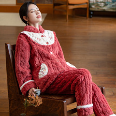 新中式国风珊瑚绒睡衣女士冬加厚加绒开衫法兰绒家居服套装可外穿