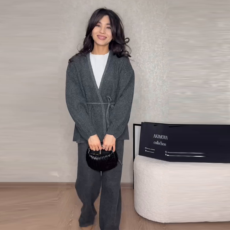 2025 nueva ropa de mujer Europa y América Amazon comercio exterior transfronterizo herringbone cardigan alto pantalón gris alto dos piezas