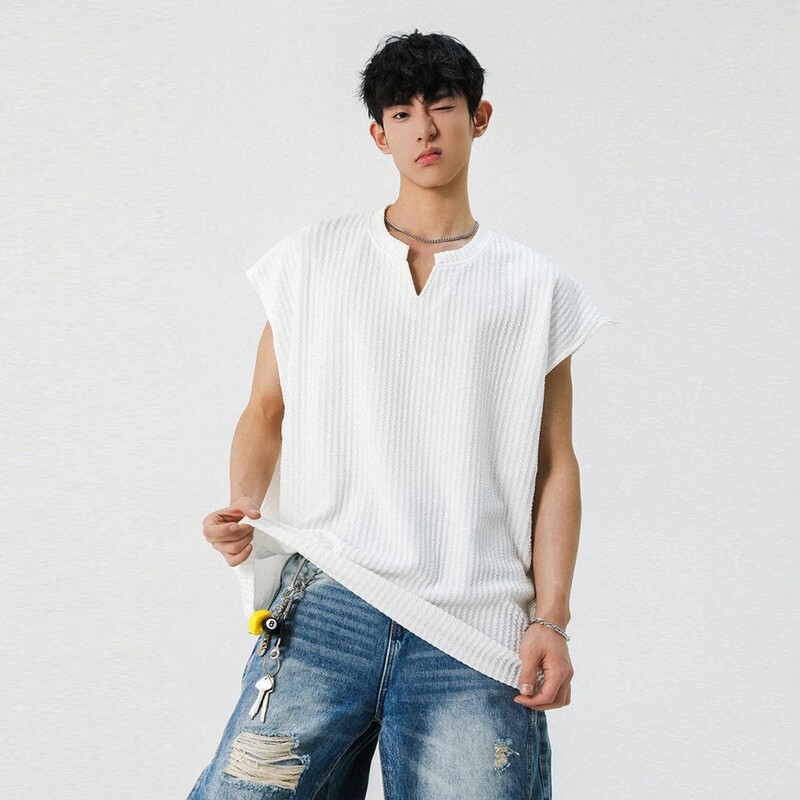 American-Style Sleeveless Vest for Men, New Summer Loose Casual Textured Trendy V-Neck Sleeveless T-Shirt American-Style Sleeveless Vest for Men, New Summer Loose Casual Textured Trendy V-Neck Sleeveless T-Shirt