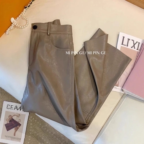 Women's 2025 High-Waisted Straight Brown PU Leather Pants, Small Figure 9/10 Length, Suitable for Spring and Autumn Outwear