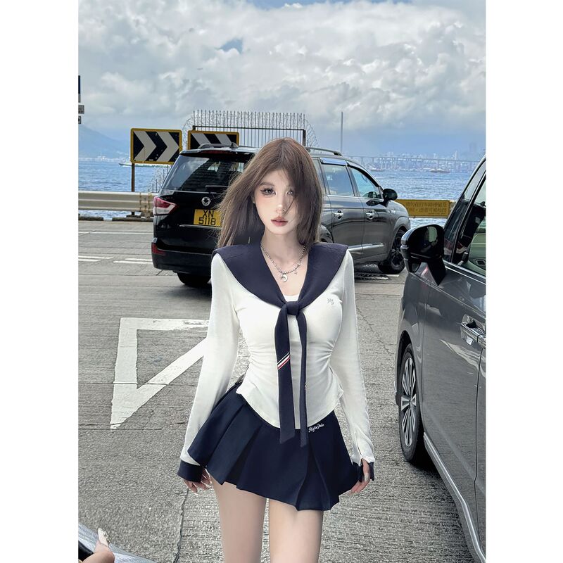 College Style Sexy Suit for Women Summer New Navy Collar T-Shirt Top High Waist Slim Pleated Skirt Two-Piece Set for Women