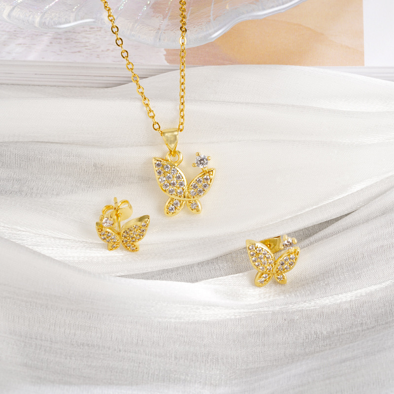 Collar de oro de arena antigua vietnamita, todo fósforo, sentido de alta calidad, incrustaciones de diamantes, pendientes de mariposa, lujo ligero femenino, joyería que no se desvanece durante mucho tiempo